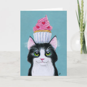 Cute cat med cupkaka födelsedagspresent, hälsnings kort