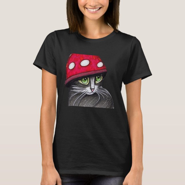Cute Cat med ett champinjonhatt T Shirt (Framsida)