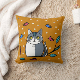 Cute cat med fåglar kudde