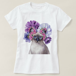 Cute Cat med Flower Krona Watercolor Illustration T Shirt