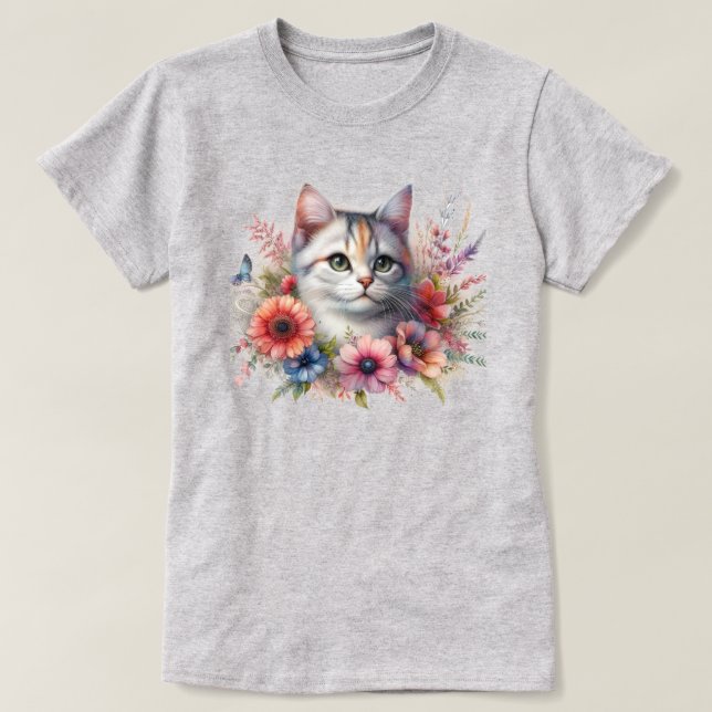 Cute Cat med Flowers Cat Lovers T Shirt (Design framsida)
