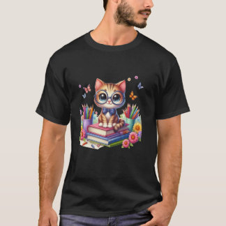 Cute Cat med glasögon Läs Bok nationalvetenskap R T Shirt