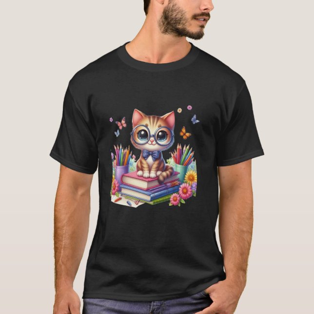 Cute Cat med glasögon Läs Bok nationalvetenskap R T Shirt (Framsida)