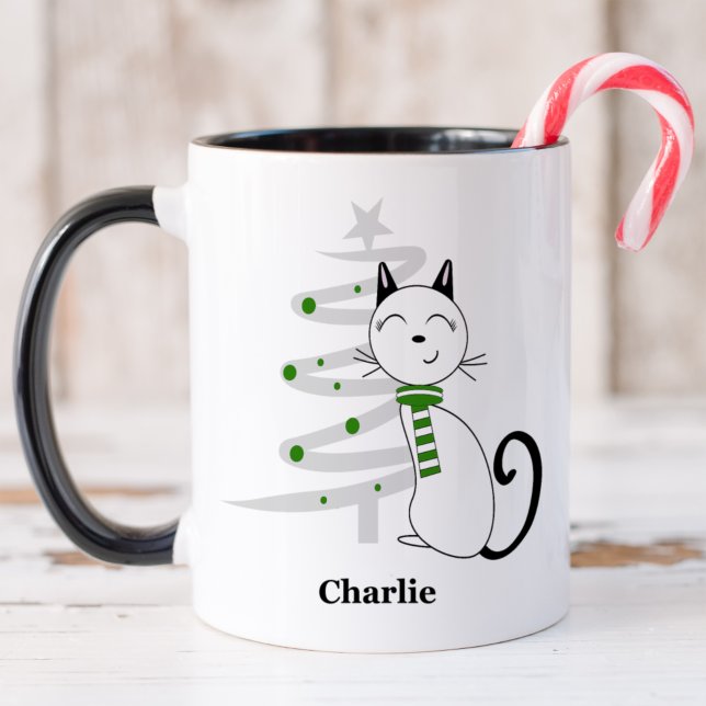 Cute Cat med Grönt Scarf jul Mugg (Skapare uppladdad)