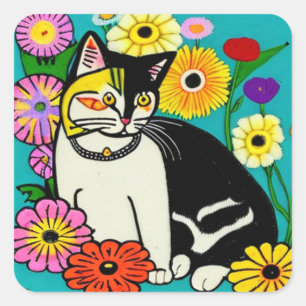 Cute Cat med Gula blommor Folk Art Fyrkantigt Klistermärke