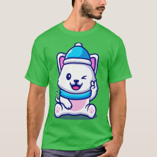 Cute Cat med hatt och scarf med hand och fredsbil T Shirt