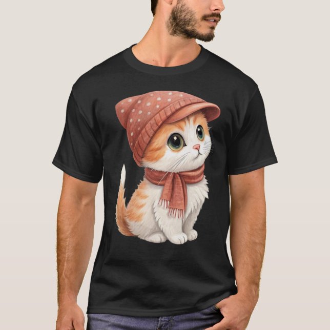 Cute Cat med hatt, scarf, Pastel Färg T Shirt (Framsida)