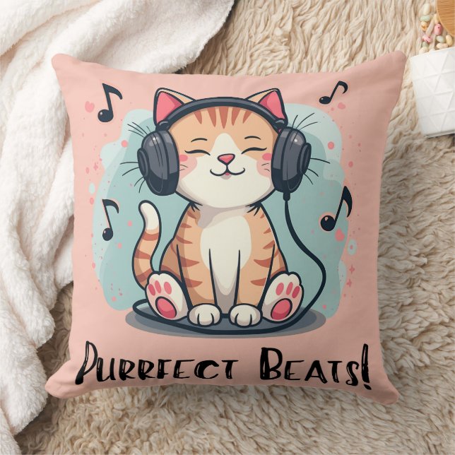 Cute Cat med hörlurar Kawaii Music Älskare Art Kudde (Filt)