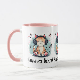Cute Cat med hörlurar Kawaii Music Älskare Art Mugg