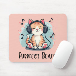 Cute Cat med hörlurar Kawaii Music Älskare Art Musmatta