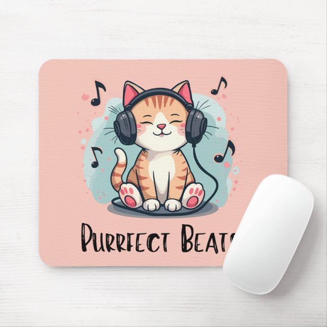 Cute Cat med hörlurar Kawaii Music Älskare Art Musmatta (Med mus)