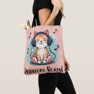 Cute Cat med hörlurar Kawaii Music Älskare Art Tygkasse