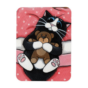 Cute Cat med Nalle på Bed Magnet