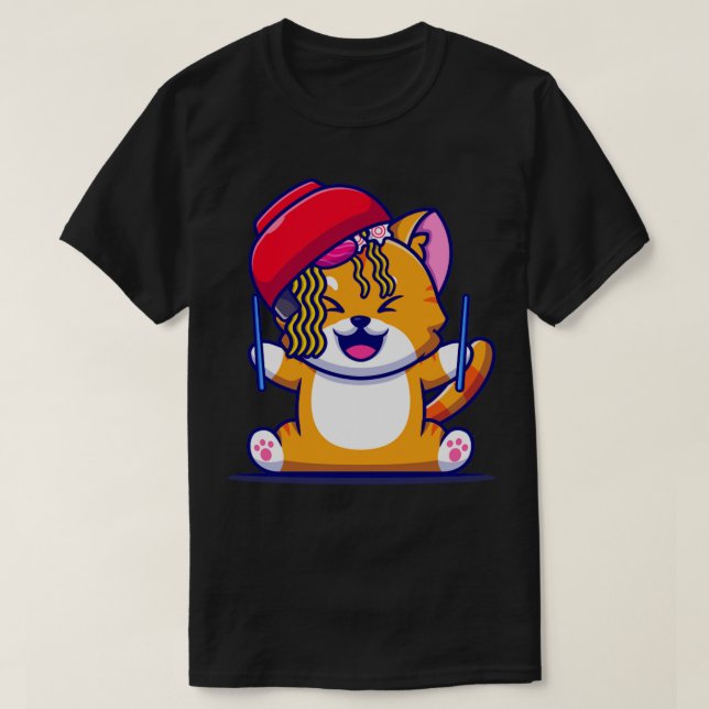 Cute Cat med Ramen Noodle Bowl och Chopstick Cart T Shirt (Design framsida)