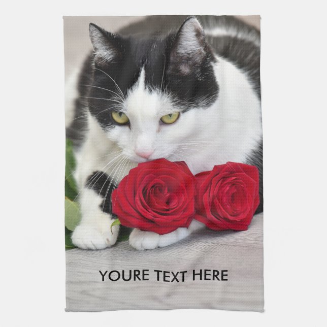 Cute cat med röd ros kökshandduk (Vertikal)