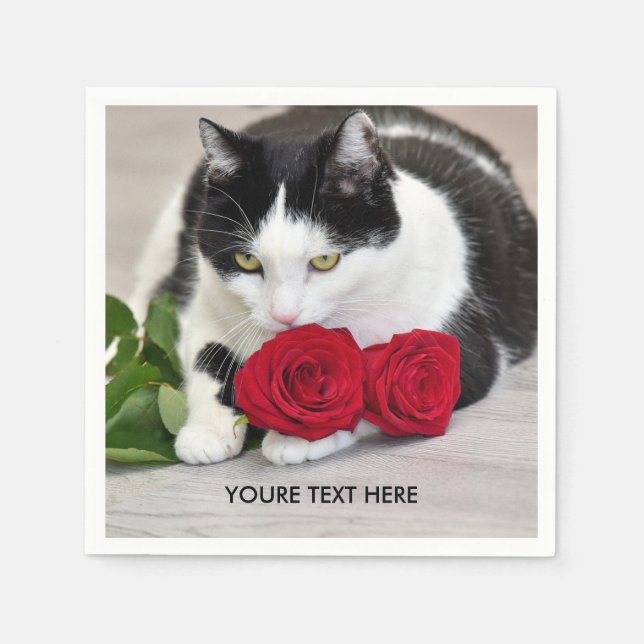 Cute cat med röd ros pappersservett (Framsidan)