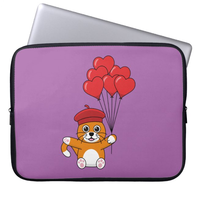 Cute Cat med röda hjärtballonger Laptop Fodral (Framsidan)