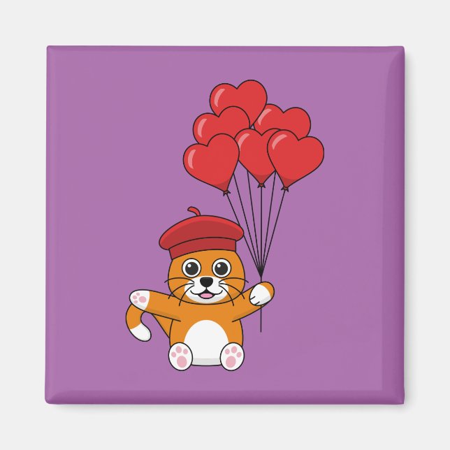 Cute Cat med röda hjärtballonger Magnet (Framsidan)