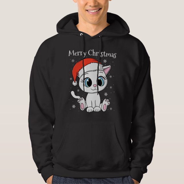 Cute Cat med Santa Hat God jul julafton Hoodie (Framsida)