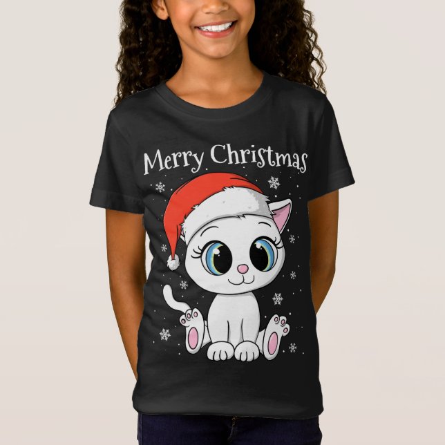 Cute Cat med Santa Hat God jul T Shirt (Framsida)