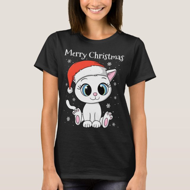 Cute Cat med Santa Hat God jul T Shirt (Framsida)