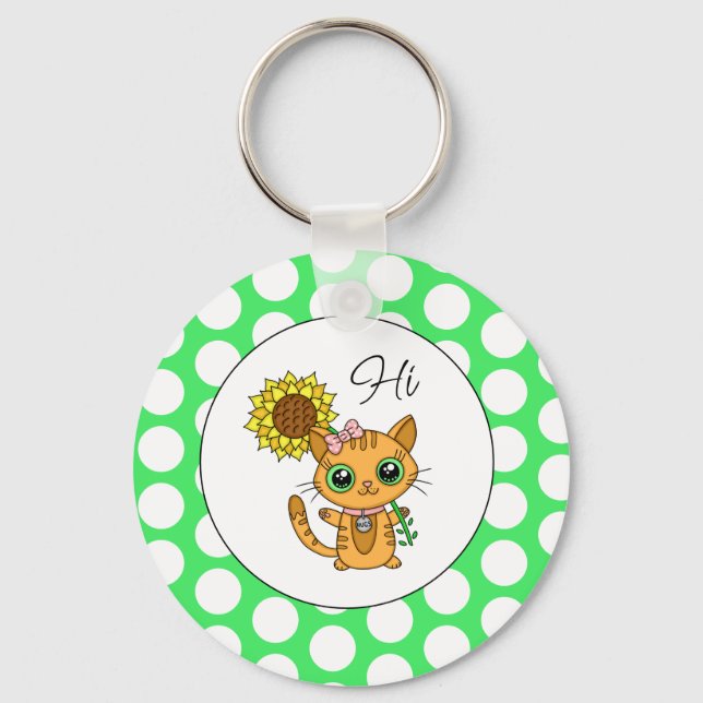 Cute Cat med solros och Polka dots Nyckelring (Framsida)