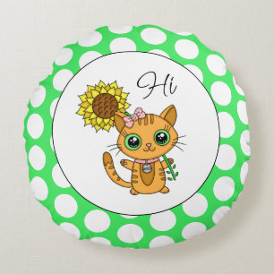 Cute Cat med solros och Polka dots Rund Kudde