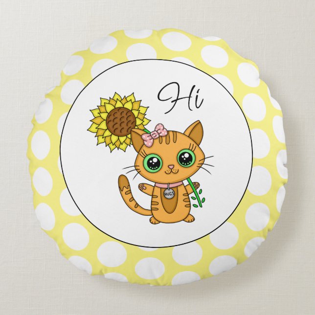 Cute Cat med solros och Polka dots Rund Kudde (Framsidan)
