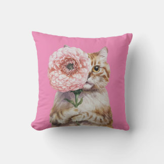 Cute Cat med stor blomma| Ginger Cat Kudde