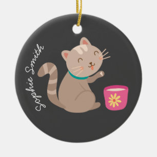 Cute cat med tekopp tecknad julgransprydnad keramik