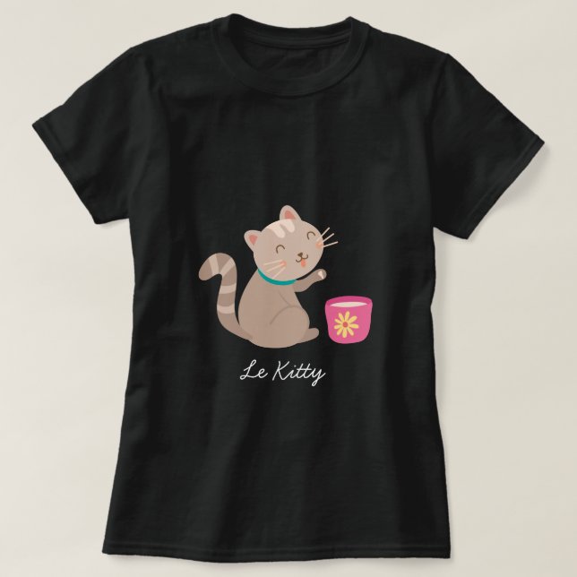 Cute cat med tekopp tecknad t shirt (Design framsida)