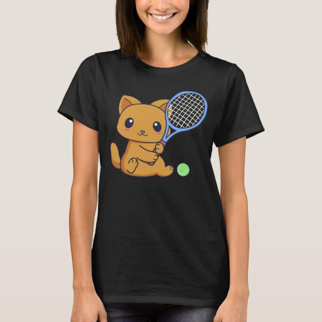 Cute Cat med tennis-rquet och tennis-Boll-katt T Shirt (Framsida)