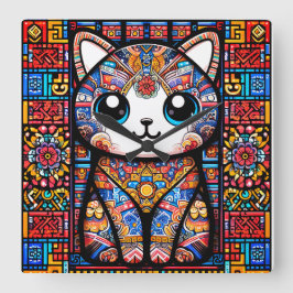 Cute Cat med traditionell charm från Mönster Fyrkantig Klocka