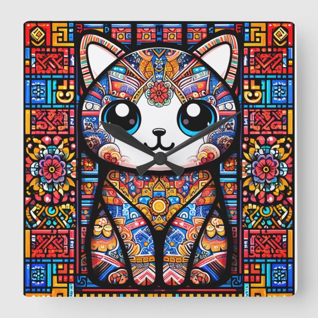 Cute Cat med traditionell charm från Mönster Fyrkantig Klocka (Framsida)