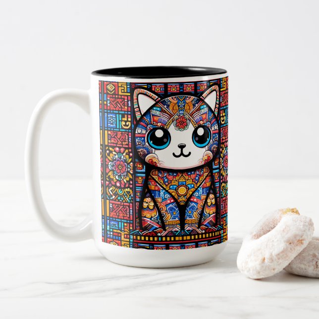 Cute Cat med traditionell charm från Mönster Två-Tonad Mugg (Med munk)