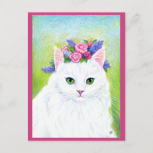 Cute Cat med Vår blommor Hat rosa vykort