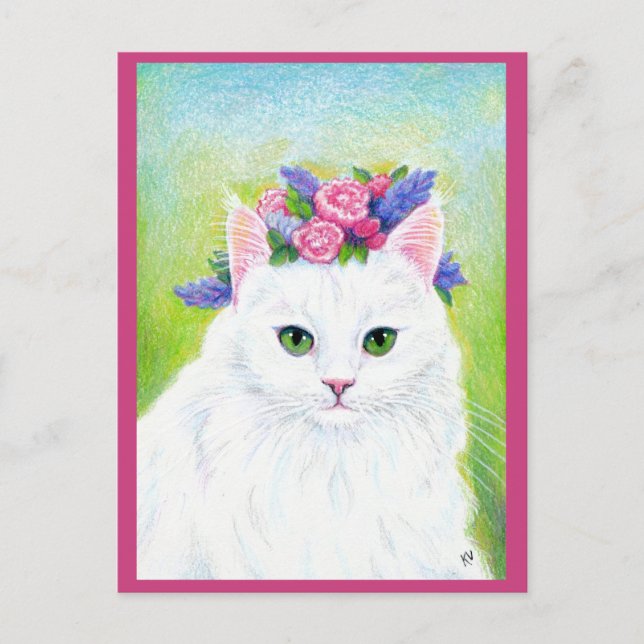 Cute Cat med Vår blommor Hat rosa vykort (Framsida)