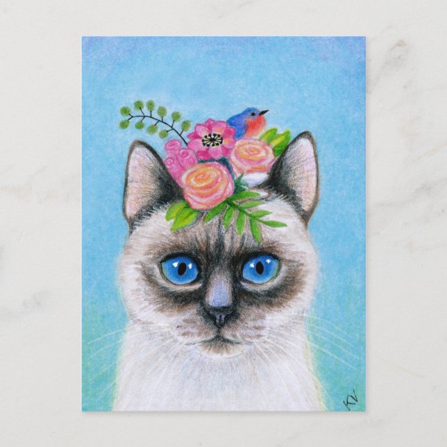 Cute Cat med Vår blommor Hat-vykort Vykort (Framsida)