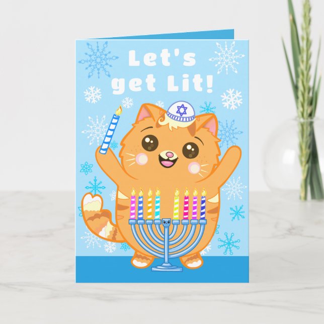 Cute Cat Menorah "Let's Get Lit" Hanukkah Card Tack Kort (Framsida)