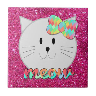 Cute Cat Meow Rainbow Bow Rosa Glitter Kattunge Ki Kakelplatta