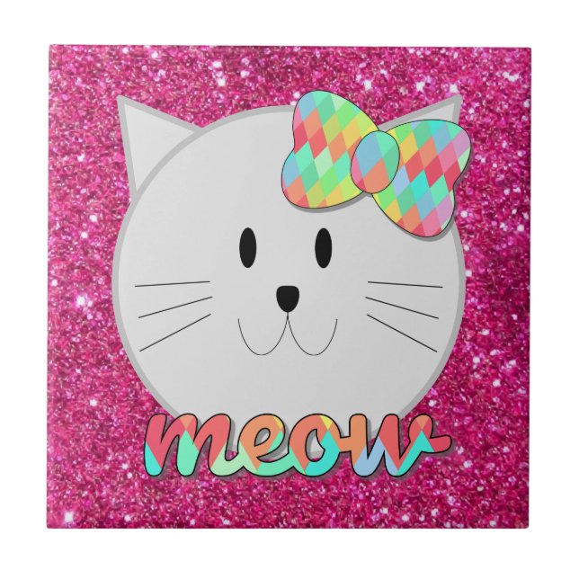 Cute Cat Meow Rainbow Bow Rosa Glitter Kattunge Ki Kakelplatta (Framsidan)