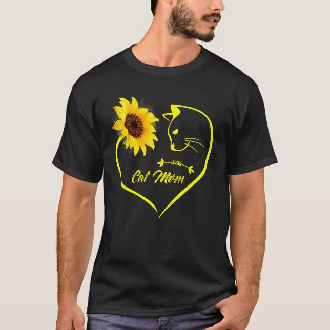 Cute Cat Mom Sunflower Heart Love Mothers Day  Cat T Shirt (Framsida)