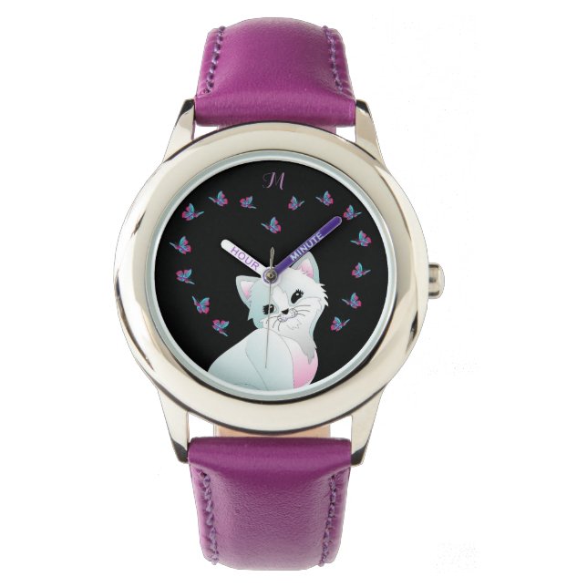 Cute Cat Monogram Lila Watch Armbandsur (Framsida)
