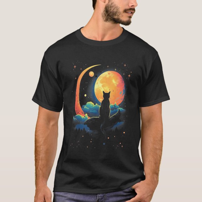 Cute Cat Motifs Cat With Moon Night Space Cat T Shirt (Framsida)
