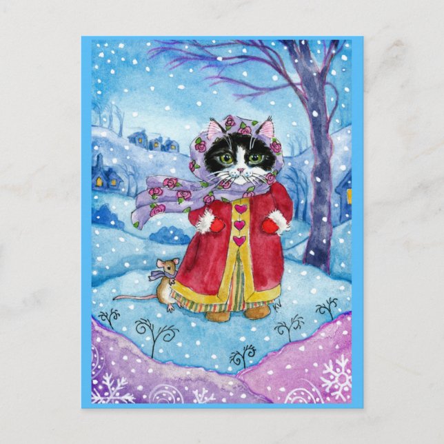 Cute Cat Mouse Winter Valentine Day-vykort Vykort (Framsida)