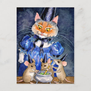 Cute Cat Mouse Witch Halloween höstkauldron Vykort