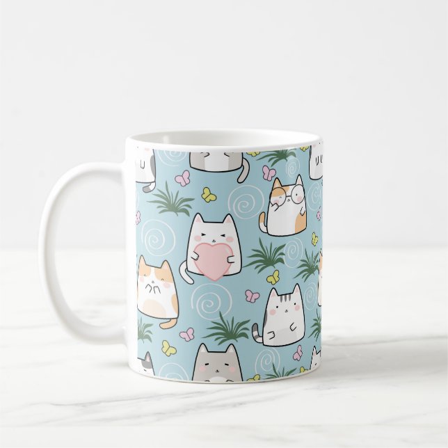 Cute Cat Mugg - Adlig Tecknad Cats on Blue (Vänster)