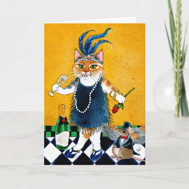 Cute cat mus Flapper Art Deco lustiga födelsedag Kort (Framsida)