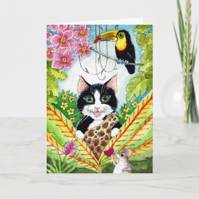 Cute cat mus toucan orchias any tillfälle card helgkort (Framsida)