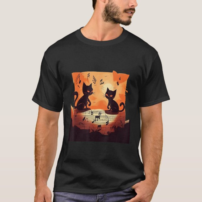 Cute Cat Music Notes Musician T Shirt (Framsida)